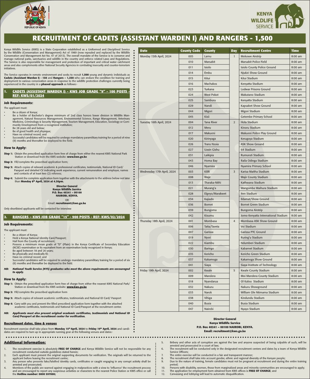 KENYA WILDLIFE SERVICE (KWS) RECRUITMENT 2024: CADETS AND RANGERS