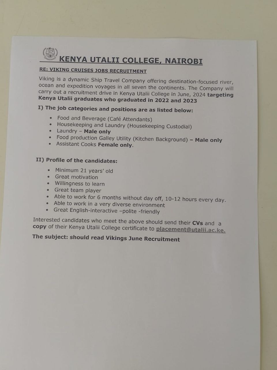 Viking Cruises Recruitment at Kenya Utalii College | Hospitality Jobs Across 5 Departments